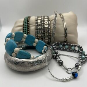 Vintage 8 Piece Bracelet Lot Silver Tone Rhinestone Turquoise Beaded Italy